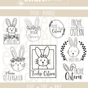 Puede incluir: Una colección de gráficos de Pascua en blanco y negro con ilustraciones de conejos con detalles florales y texto. Los diseños incluyen frases como "Frohe Ostern" y "Hallo Hasi". La imagen también incluye el texto "SVG • JPG • PNG".