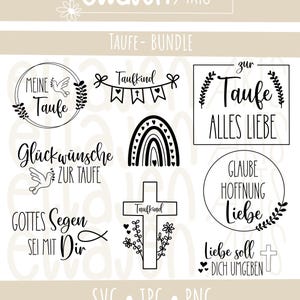 Könnte beinhalten: Ein digitales Kunstpaket mit Designs zum Thema Taufe. Enthält verschiedene Schwarz-Weiß-Grafiken wie ein Kreuz, einen Regenbogen, eine Taube und ein Banner, sowie Sätze wie "Meine Taufe" und "Alles Liebe". Formate: SVG, JPG, PNG.