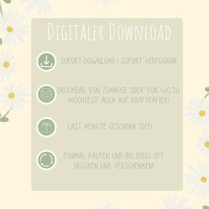 May include: A digital download information card with a pale yellow background and white daisy illustrations. The text reads: Digitaler Download, Sofort Download, Druckbar von Zuhause, Last Minute Geschenk Idee, Einmal Kaufen und Beliebig Oft Drucken.