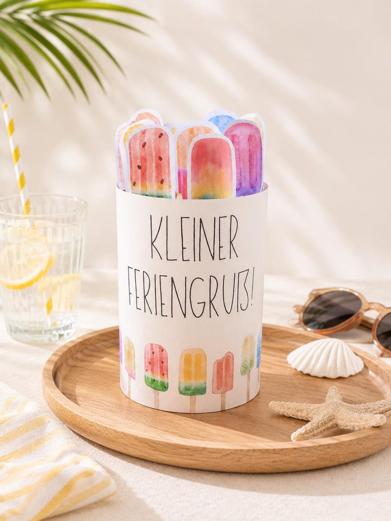 May include: A cylindrical white paper container featuring the black text KLEINER FERIENGRUB! and a colorful watercolor illustration of various popsicles at the base, with several die-cut popsicle paper cutouts extending from the top opening.