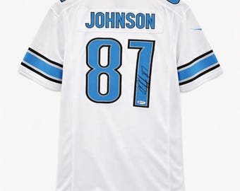 Camiseta blanca firmada a mano de Calvin Johnson con autenticación BAS