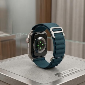 May include: A silver smartwatch with a teal woven band and a silver clasp. The watch face is black with a circular sensor and a red button. The watch is displayed on a gray surface.