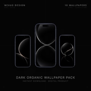 Könnte beinhalten: Drei Smartphones mit dunklen, organischen Hintergrundbildern vor schwarzem Hintergrund. Die Telefone zeigen abstrakte, geschwungene Lichtmuster. Oben steht "NEXUS DESIGN EST 2025" und "10 WALLPAPERS PNG - 1290x2796". Der Text unten lautet "DARK ORGANIC WALLPAPER PACK".