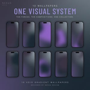 Ten dark smartphone screens are arranged in two rows of five, each displaying a unique purple-to-dark-gray vertical gradient wallpaper.