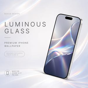 Könnte beinhalten: Ein Smartphone mit einem leuchtenden Glas-Hintergrundbild mit irisierenden Lichtstreifen. Der Text lautet: NEXUS DESIGN, LUMINOUS GLASS, PREMIUM IPHONE WALLPAPER, DESIGNED FOR OLED & LIQUID GLASS UI, MADE FOR IPHONE 14-17 PRO MAX. Silberner Rahmen.