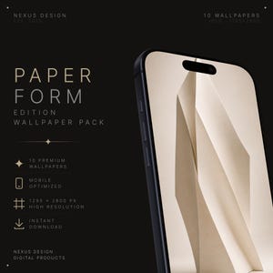 Puede incluir: Un teléfono inteligente que muestra un fondo de pantalla abstracto de papel plegado beige. El texto en el fondo negro dice: NEXUS DESIGN EST 2025, PAPER FORM EDITION WALLPAPER PACK, 10 PREMIUM WALLPAPERS, MOBILE OPTIMIZED, 1295 X 2800 PX HIGH RESOLUTION, INSTANT DOWNLOAD.