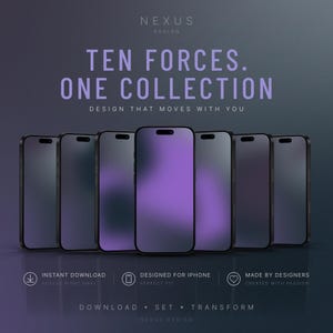 Seven dark smartphone screens are arranged in a slight curve, each displaying a purple-to-dark-gray vertical gradient wallpaper.