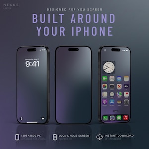 Three dark smartphone screens show different views: a lock screen with time and date, a home screen with app icons, and a home screen with a search bar.