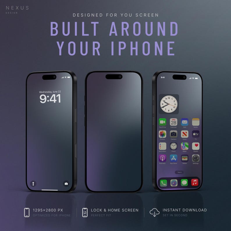 Three dark smartphone screens show different views: a lock screen with time and date, a home screen with app icons, and a home screen with a search bar.