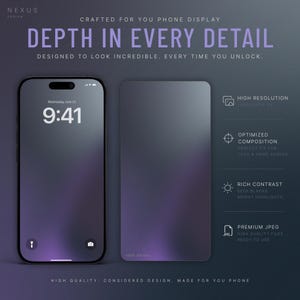 A dark smartphone screen on the left shows a lock screen with time and date over a purple gradient, next to a blank dark screen on the right.