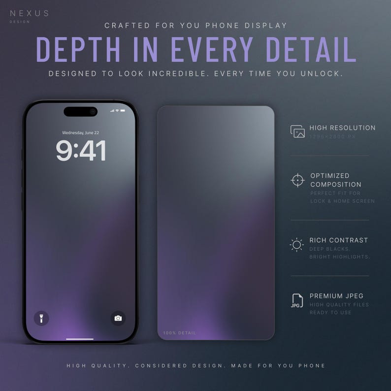 A dark smartphone screen on the left shows a lock screen with time and date over a purple gradient, next to a blank dark screen on the right.