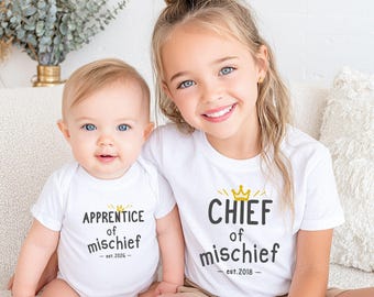 Personalized Sibling Mischief Crew Shirt Baby Bodysuit , Chief And Apprentice of Mischief Funny Kids Wear, Custom Birth Year Tee