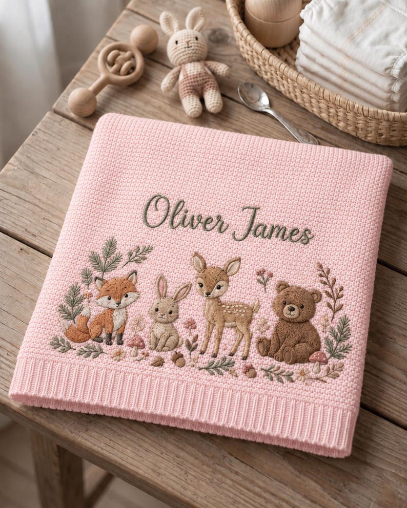 May include: A soft pink knitted baby blanket featuring the embroidered name Oliver James in dark thread. The blanket displays a detailed woodland scene with a fox, a rabbit, a fawn, and a bear surrounded by small flowers, mushrooms, and pine branches.