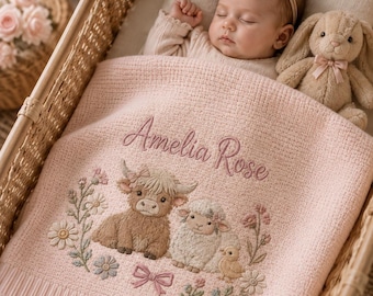 Personalized Farm Baby Girl Blanket, Embroidered Name Knit Blanket, Highland Cow Sheep Nursery, Newborn Baby Shower Gift