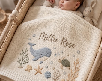 Personalized Under the Sea Embroidered Baby Blanket, Custom Name Whale and Turtle Blanket, Ocean Nursery Baby Shower Gift