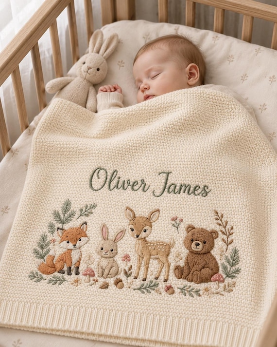 Personalized Woodland Embroidered Baby Blanket, Custom Name Baby Blanket, Fox Deer Bear Nursery Gift, Newborn Keepsake