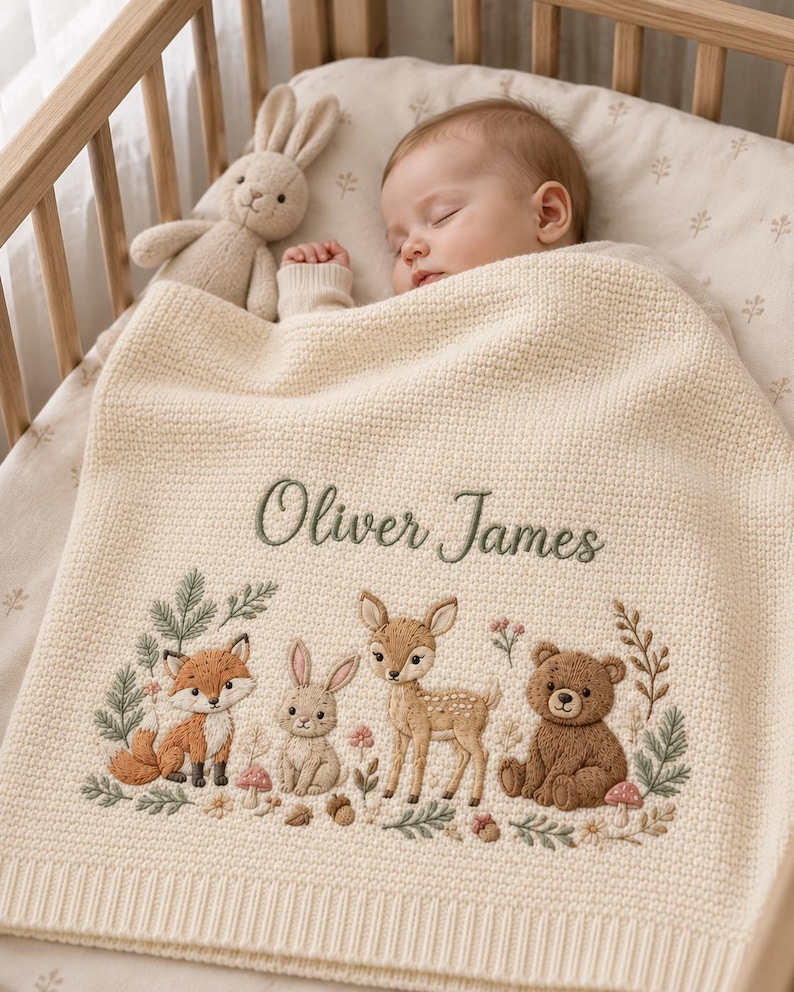 May include: A cream-coloured knit baby blanket featuring the embroidered name Oliver James in dark green script. The blanket displays a detailed woodland scene with a fox, a rabbit, a fawn, and a bear surrounded by small plants and mushrooms.