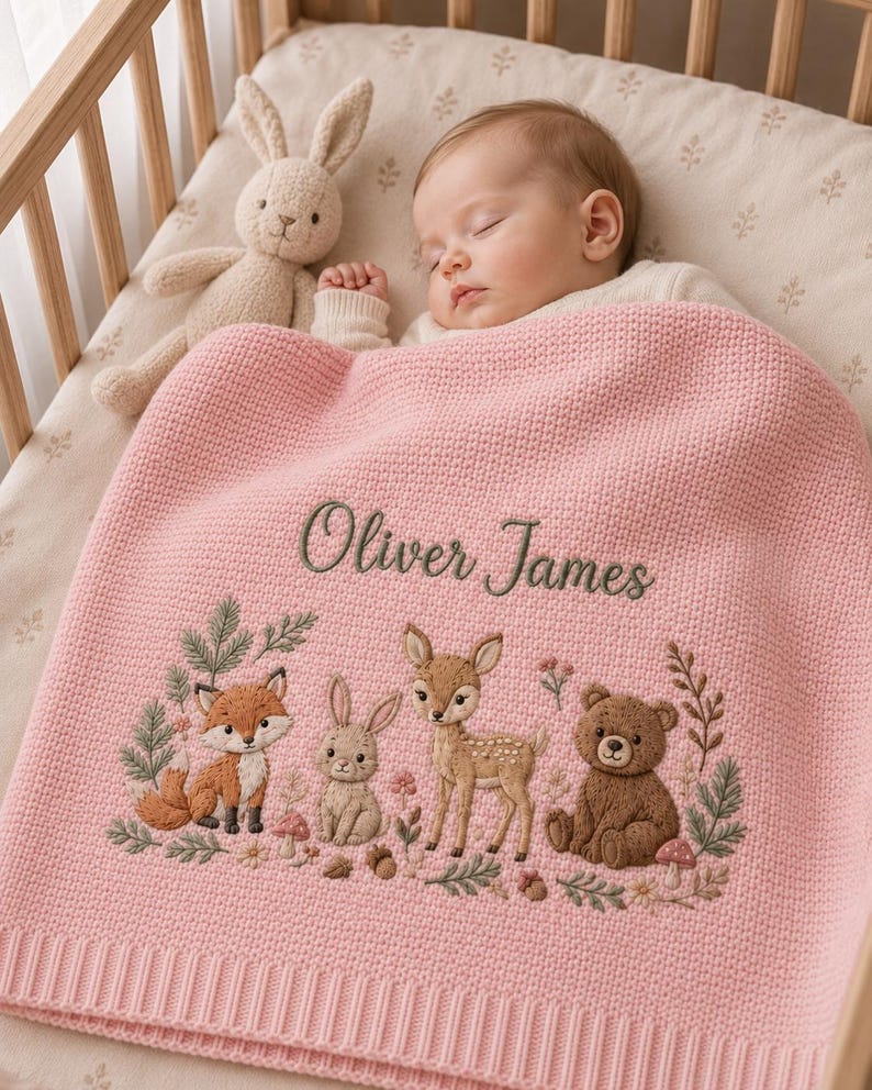 May include: A soft pink knitted baby blanket featuring the embroidered name Oliver James in dark green script. Below the name is a detailed woodland scene with a fox, a rabbit, a fawn, and a bear surrounded by small flowers, leaves, and mushrooms.
