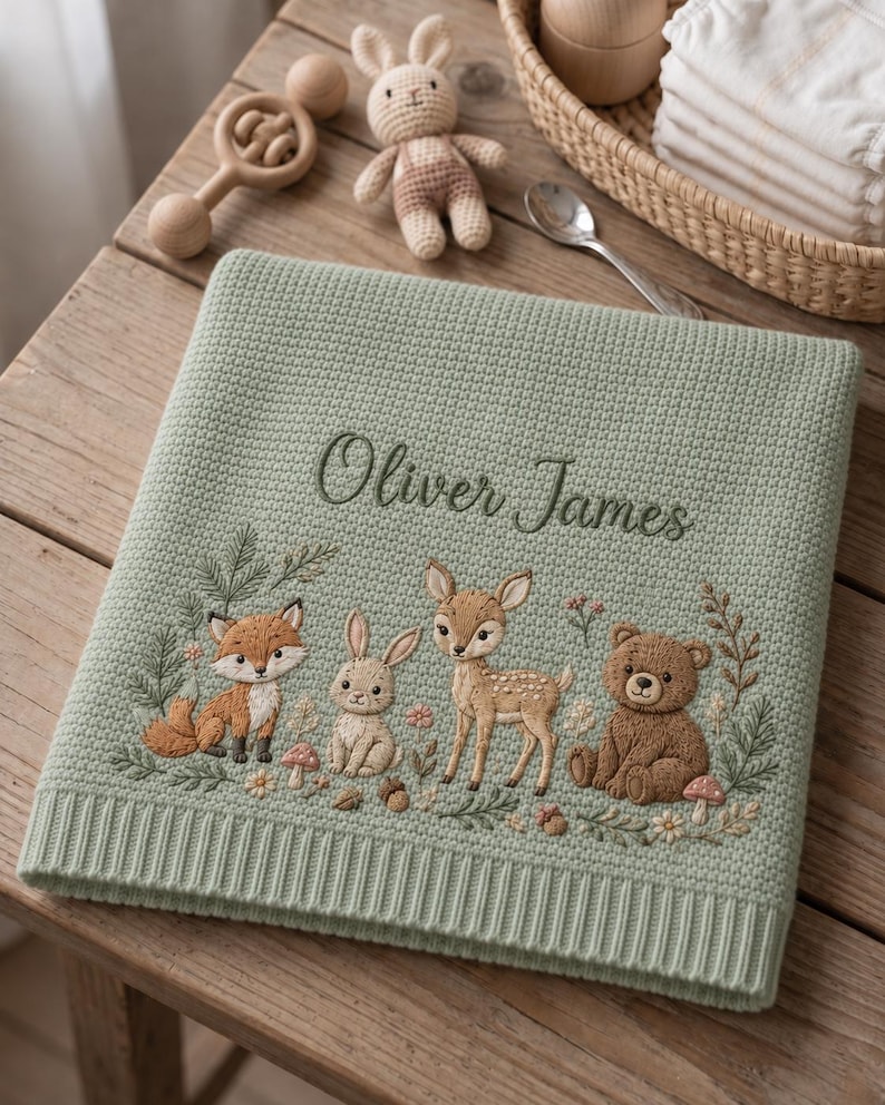 May include: A sage green knitted baby blanket featuring the embroidered name Oliver James in dark green script. The blanket displays a detailed woodland scene with an embroidered fox, rabbit, fawn, and bear surrounded by small flowers and mushrooms.