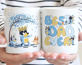 Bluey Best Dad Ever Mug, Personalized Family Gift, Custom Names Cup, Cute Cartoon Design for Father’s Day