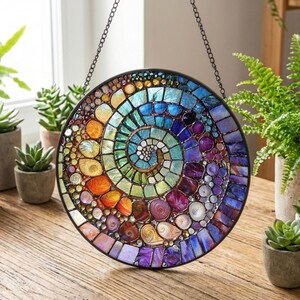 Abstract Rainbow Shell Spiral Suncatcher Stained Glass Coastal Beach Gift, Nautical Window Hanging, Ocean Inspired Decor, Colorful Glass Art