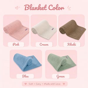 May include: A collection of five knitted blankets displayed in pink, cream, khaki, blue, and green. Each blanket features a ribbed edge and a small rectangular tag. The image includes the text Blanket Color, Pink, Cream, Khaki, Blue, Green, and Soft Cozy Made with Love.