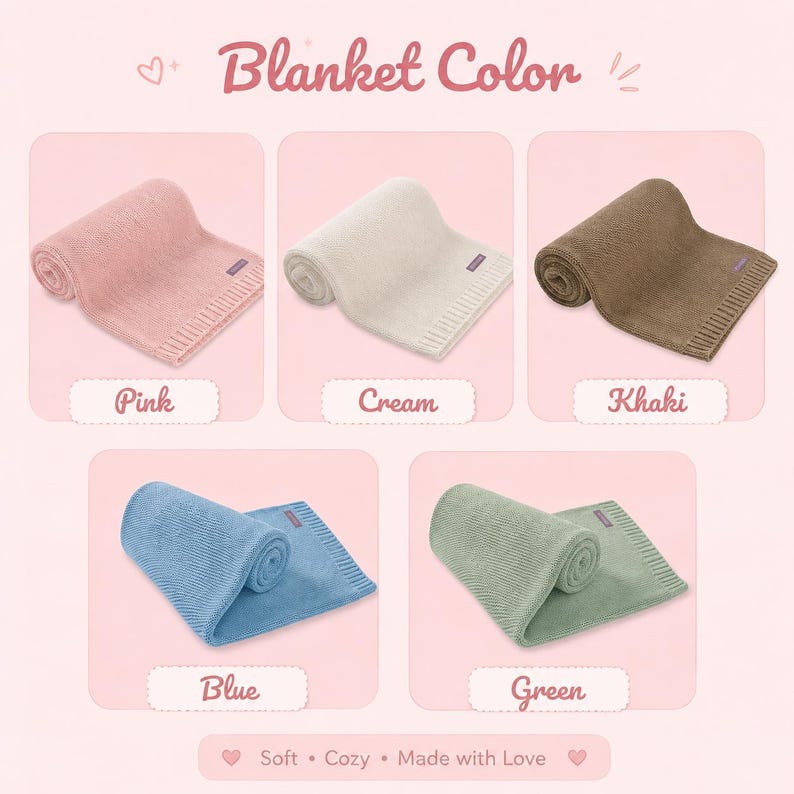 May include: A collection of five knitted blankets displayed in pink, cream, khaki, blue, and green. Each blanket features a ribbed edge and a small rectangular tag. The image includes the text Blanket Color, Pink, Cream, Khaki, Blue, Green, and Soft Cozy Made with Love.