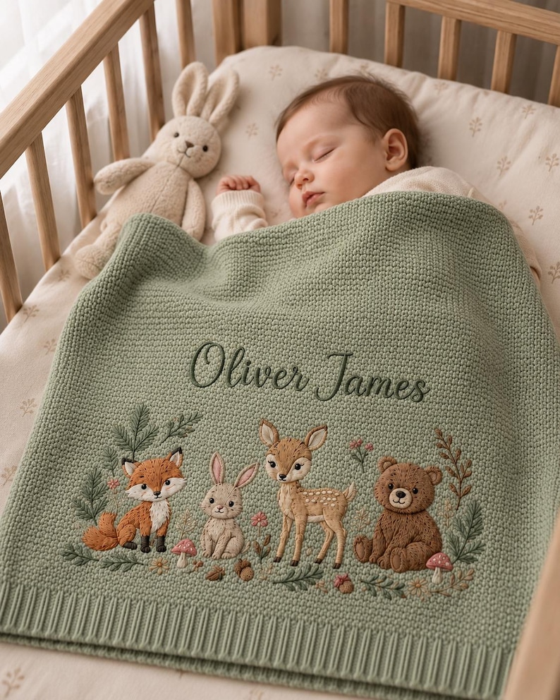May include: A sage green knitted baby blanket featuring the embroidered name Oliver James in dark green script. The blanket displays a detailed woodland scene with a fox, a rabbit, a fawn, and a bear surrounded by small flowers and mushrooms.