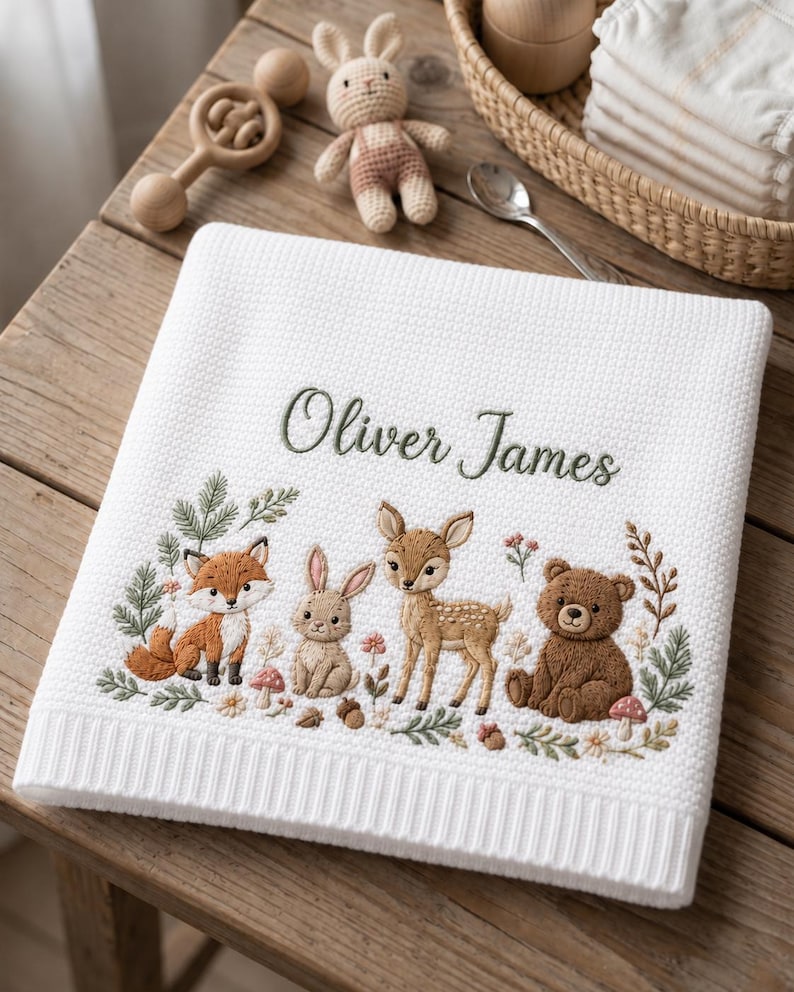 May include: A white textured baby blanket featuring the embroidered name Oliver James in green script. Below the name is a detailed woodland scene with an embroidered fox, rabbit, fawn, and bear surrounded by small flowers, mushrooms, and greenery.