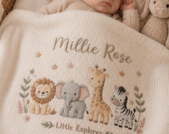Copertina per neonati personalizzata con ricamo safari, regalo neutro per la cameretta con nome personalizzato, copertina per neonati con leone, elefante, giraffa e zebra