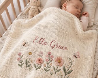 Personalized Floral Embroidered Baby Blanket, Custom Name Birth Flower Blanket, Newborn Girl Gift, Baby Shower Keepsake