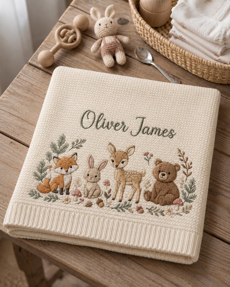 May include: A cream-coloured knit baby blanket featuring an embroidered forest scene with a fox, rabbit, fawn, and bear. The name Oliver James is stitched in dark green script above the animals, surrounded by small floral and mushroom details.