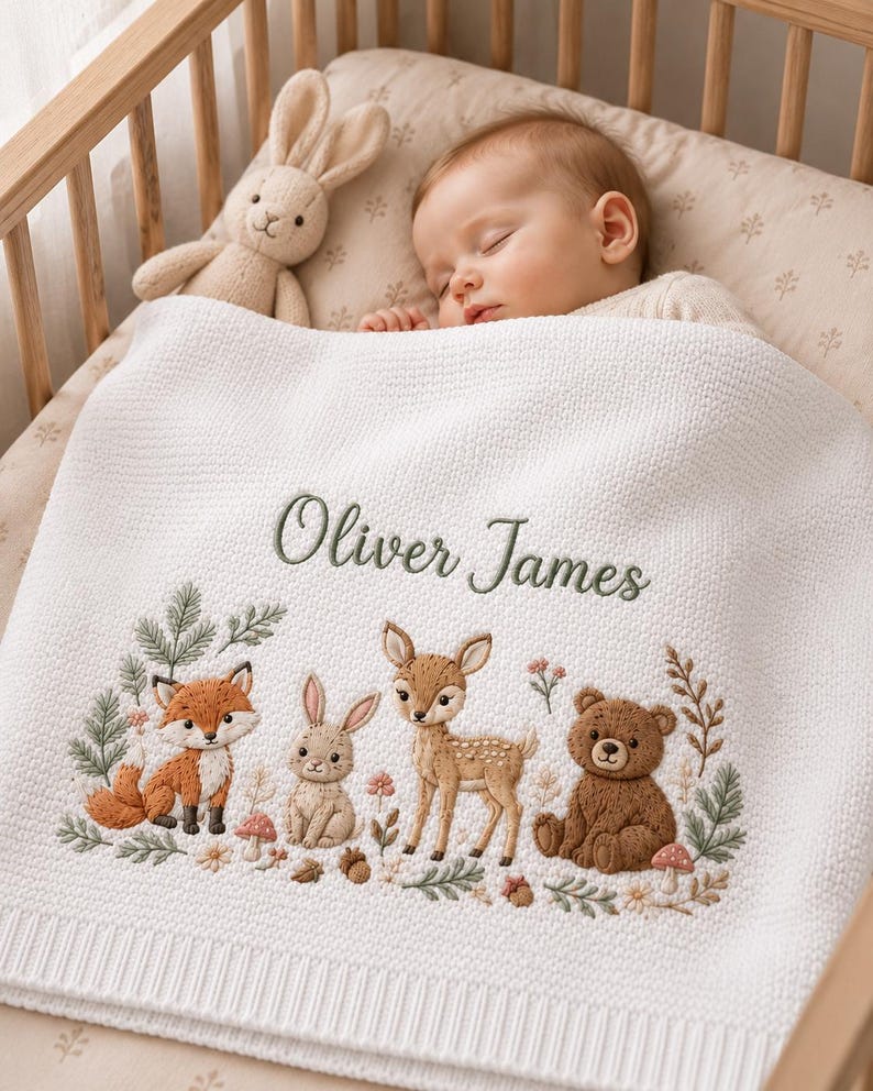 May include: A white knitted baby blanket featuring the embroidered name Oliver James in green script. The blanket displays a detailed woodland scene with a fox, a rabbit, a deer, and a bear surrounded by small flowers, mushrooms, and green foliage.