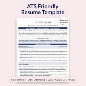 Może przedstawiać: Szablon CV z tekstem "ATS Friendly Resume Template" u góry. CV zawiera sekcje dotyczące imienia i nazwiska klienta, doświadczenia, kluczowych kompetencji i doświadczenia zawodowego. Pieczęć "Recruiter Approved" znajduje się w prawym górnym rogu.