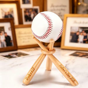 Custom Engraved Wooden Ball Holder, Mini Bat Stand, Baseball Gift for Boy, Coach Gift, Baseball Keepsake Gift, Sports Memorabilia Decor