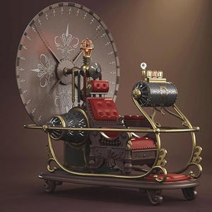 May include: A steampunk-style time machine chair with a large, circular dial and ornate details. The chair features red leather seating, brass accents, and a dark wood base. The design evokes a vintage, industrial aesthetic.
