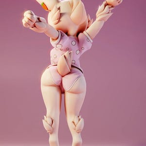 May include: A 3D-rendered figurine of a bunny-like character in a pink outfit. The figure has a light skin tone, with a carrot on its head. The bunny is wearing a pink top with white polka dots and matching shorts. The figure is posed with arms raised.