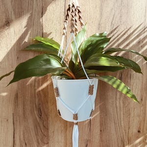 Op de afbeelding: Een witte plantenpot in een macramé hanger van wit koord met beige spiraalvormige accenten. De hanger heeft een lus aan de bovenkant, geknoopte secties en een kwastje aan de onderkant. Een groene plant staat in de pot met bladeren die uitsteken.