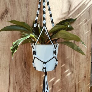 Peut inclure: Une suspension pour plante en macramé faite de cordes noires et blanches, ornée de petits nœuds en forme de fleurs le long des cordons. La suspension soutient un pot cylindrique blanc uni contenant une plante verte aux longues feuilles pointues.