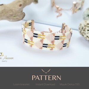 May include: A loom bracelet featuring a geometric design in cream, pink, black, and gold. The bracelet is shown on a white surface, with a reflection of another bracelet visible. The word "PATTERN" is displayed at the bottom of the image.