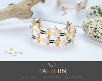 May include: A loom bracelet with a geometric pattern in cream, pink, black, and gold. The bracelet is displayed on a white surface with a reflection of another bracelet in the background. The text "PATTERN" is visible at the bottom of the image.