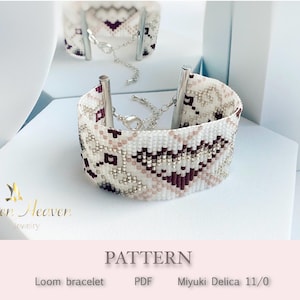 May include: A beaded loom bracelet with a geometric pattern in white, silver, and burgundy. The bracelet has a silver clasp and end pieces. The word "PATTERN" is visible in the image.
