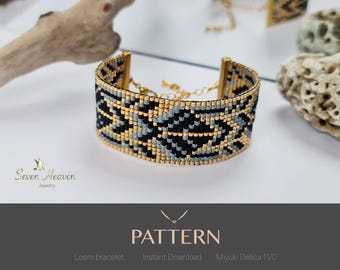 Patrón de cuentas para telar, patrón de pulsera de cuentas Miyuki Delica, patrón de punto ladrillo, pulsera de cuentas negras y doradas, PDF, diseño geométrico de joyería