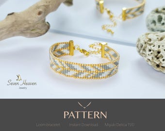Patrón de cuentas para telar, patrón de pulsera de cuentas Miyuki, patrón de punto ladrillo, pulsera de cuentas doradas y grises (PDF), patrón de pulsera Miyuki Delica