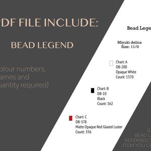 May include: A digital document with the text "PDF FILE INCLUDE: BEAD LEGEND" on a dark gray background. The document includes a bead legend with color numbers, names, and quantities. The legend lists Miyuki Delica beads in white, black, and red.