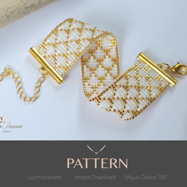 Fish Scales Loom Bead Pattern, Miyuki Delica Beaded Bracelet Pattern, Brick Stitch Pattern, Gold White Bead Bracelet, PDF, Jewellery Design
