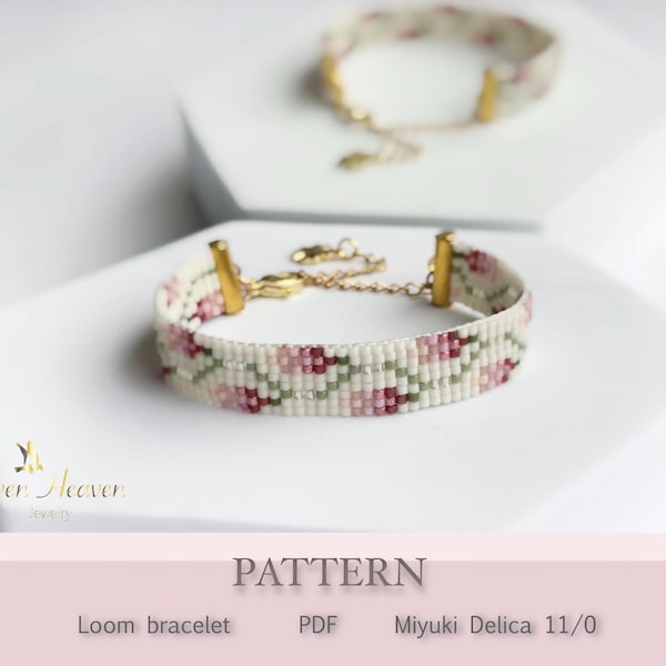 Mönster med rosa Miyuki-vävstolspärlor, enkelt armbandsmönster för nybörjare, blommönster med pärlor, handledning för gör-det-själv-smycken, digital smyckesdesign