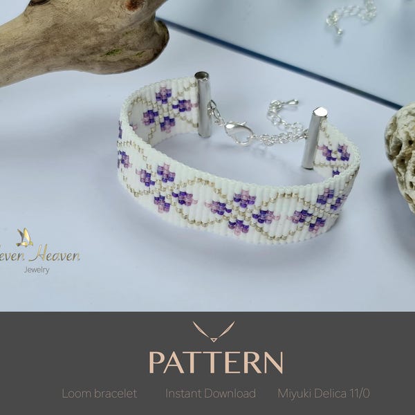 Pulsera de cuentas moradas con flores - Patrón de cuentas Miyuki Delica - PDF de joyería con cuentas - Joyería con cuentas de semillas