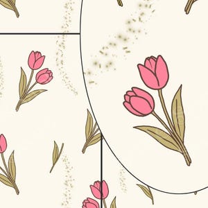 Peut inclure: Un carreau numérique avec un motif sans couture de tulipes roses avec des feuilles et des tiges vertes sur un fond crème. Les mots "Seamless Pattern Instant Download" et "12" x 12" Digital Tile" sont visibles.