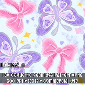 May include: Seamless pattern featuring pink bows and purple butterflies with heart-shaped details, stars, and yellow sparkles on a light blue background. The text "Hand Drawn" is visible. The pattern is labeled "Lav Coquette seamless pattern PNG".